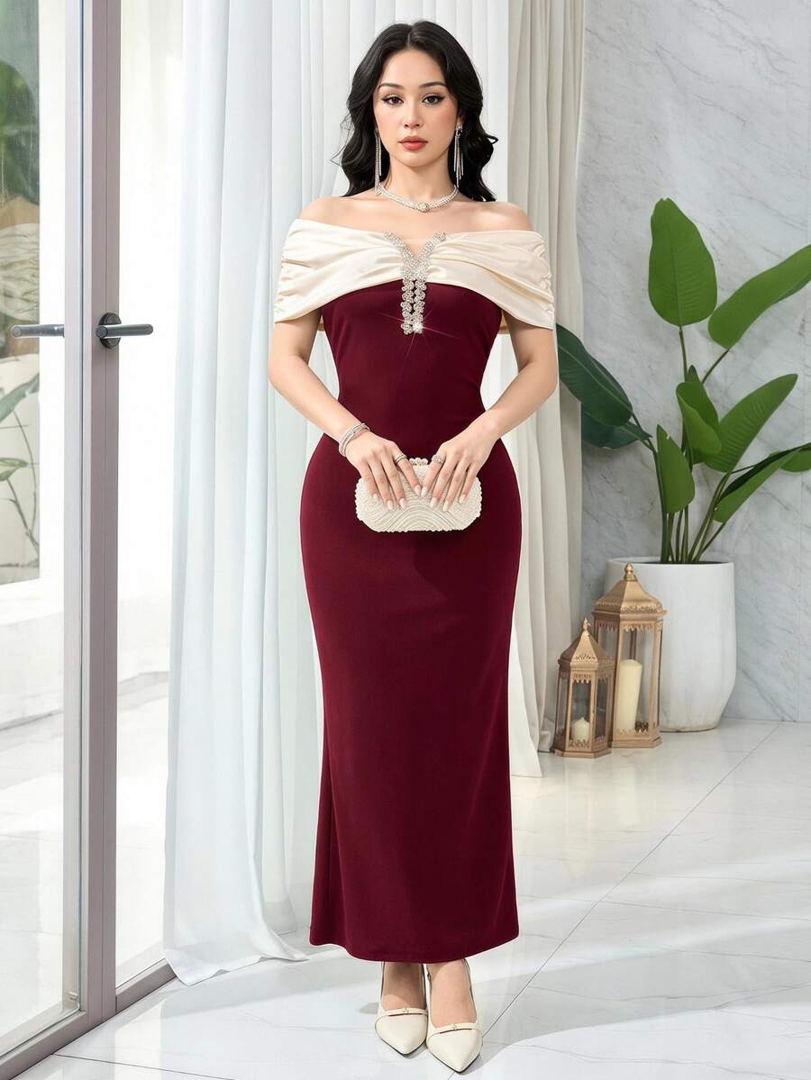Feyla Women's Color Block Rhinestone Decor Off Shoulder Fitted Long Dress