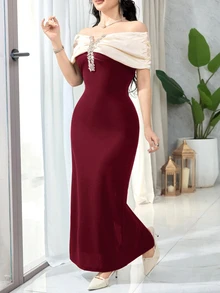 Feyla Women's Color Block Rhinestone Decor Off Shoulder Fitted Long Dress - Burgundy - View 4