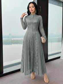 Feyla 女士纯色蕾丝立领长袖修身褶皱连衣裙 - 綠色 - 查看 1