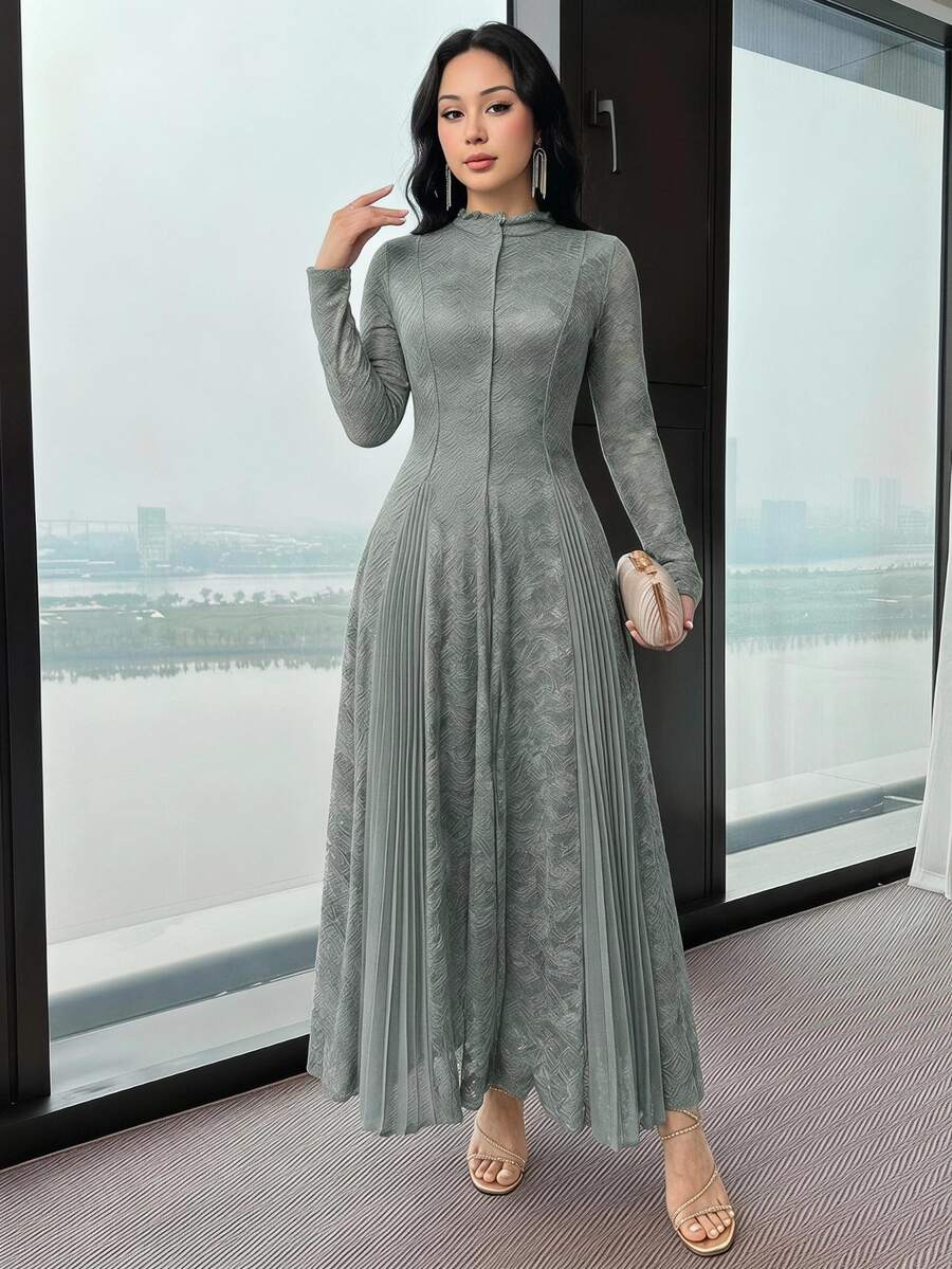 Feyla 女士纯色蕾丝立领长袖修身褶皱连衣裙 - 綠色 - 查看 1
