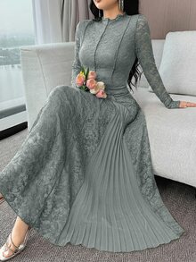 Feyla 女士纯色蕾丝立领长袖修身褶皱连衣裙 - 綠色 - 查看 7