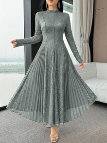 Feyla 女士纯色蕾丝立领长袖修身褶皱连衣裙 - 綠色 - 查看 5