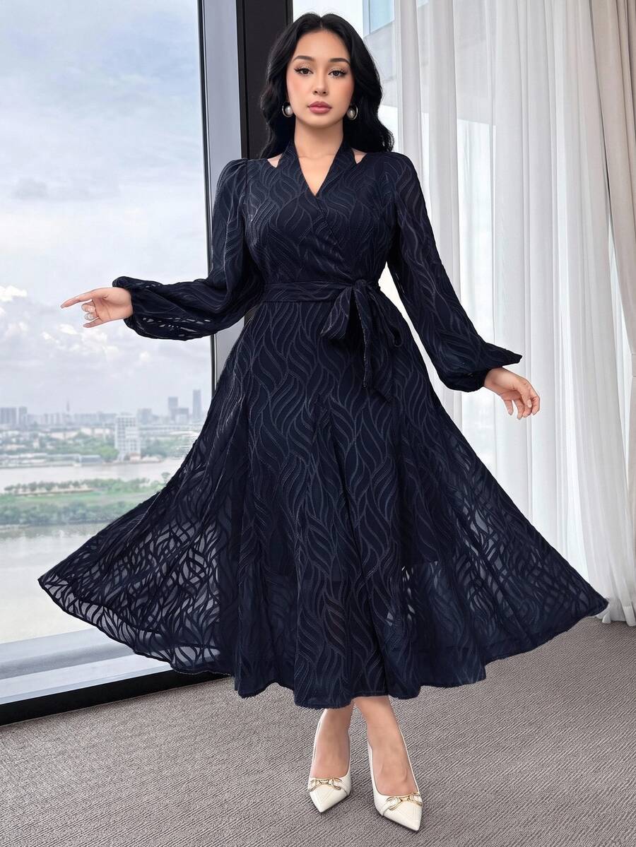 Feyla Plus Size Full Print V-Neck Belted Elegant Long Sleeve Dress Autumn Brunch Party Formal Office Dinner Evening Navy Blue - Navy Blue - View 1