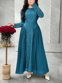 Feyla Lace Patchwork Elegant Romantic Mid-Length Dress, Flowing Dress For Graceful Gatherings - Teal Blue - View 4