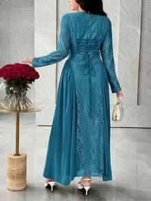 Feyla Lace Patchwork Elegant Romantic Mid-Length Dress, Flowing Dress For Graceful Gatherings - Teal Blue - View 3
