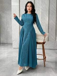Feyla Lace Patchwork Elegant Romantic Mid-Length Dress, Flowing Dress For Graceful Gatherings - Teal Blue - View 2
