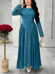 Feyla Lace Patchwork Elegant Romantic Mid-Length Dress, Flowing Dress For Graceful Gatherings - Teal Blue - View 6