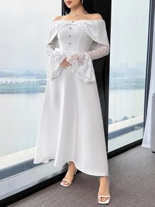 Feyla Women's Off-Shoulder Splice Lace Bell Sleeve Dress, Elegant Romantic For Fall Wedding Dinner Formal Christening White - White - View 6