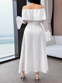 Feyla Women's Off-Shoulder Splice Lace Bell Sleeve Dress, Elegant Romantic For Fall Wedding Dinner Formal Christening White - White - View 3
