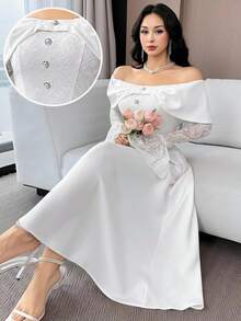 Feyla Women's Off-Shoulder Splice Lace Bell Sleeve Dress, Elegant Romantic For Fall Wedding Dinner Formal Christening White - White - View 2