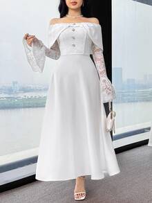 Feyla Women's Off-Shoulder Splice Lace Bell Sleeve Dress, Elegant Romantic For Fall Wedding Dinner Formal Christening White - White - View 5