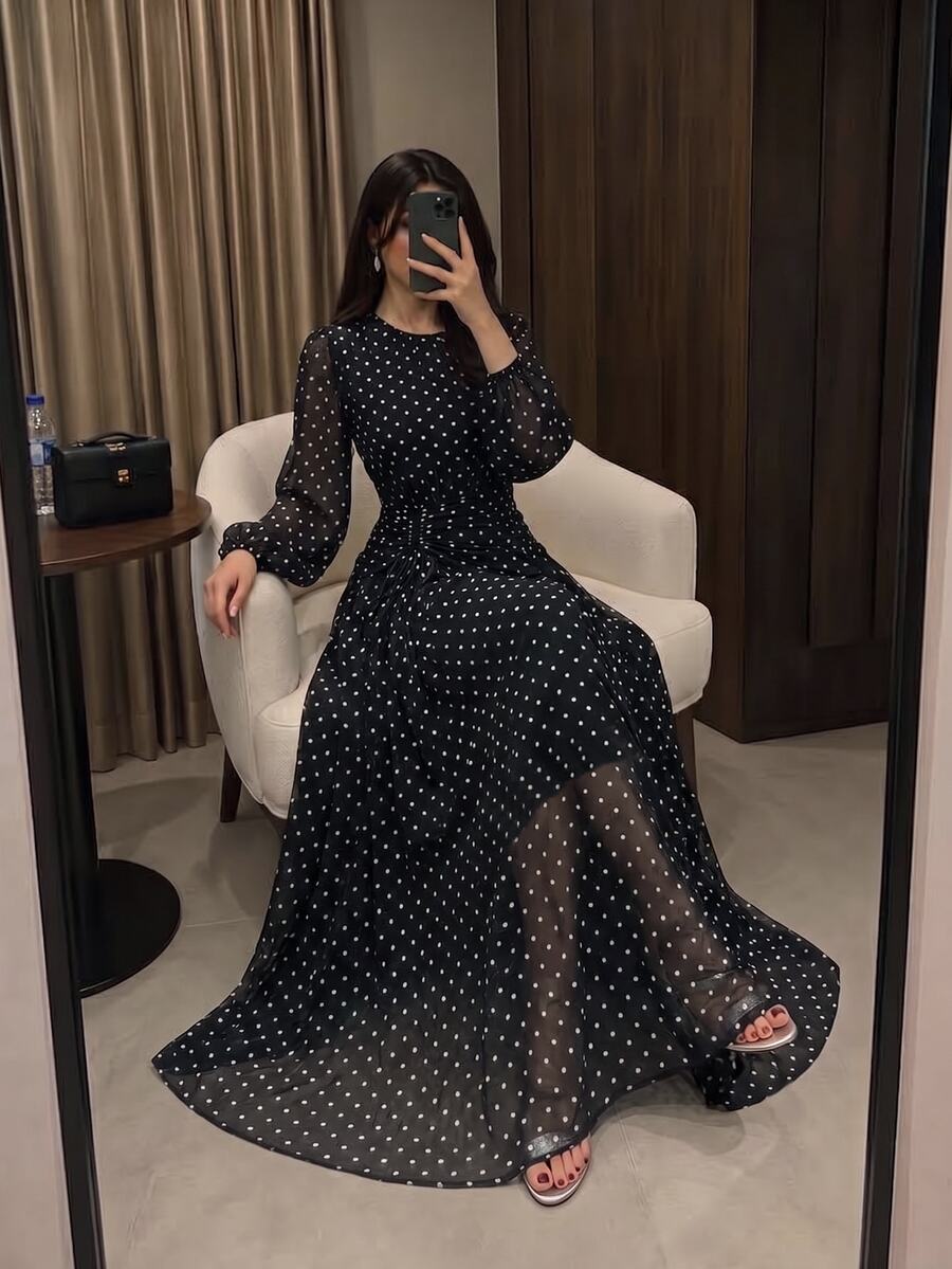 Modelyn 女款秋季雪紡蝴蝶印花抓皺圓領長袖洋裝,黑白波點復古優雅,適合晚餐約會之夜 - 彩色 - 查看 1