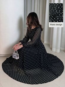 Modelyn 女款秋季雪紡蝴蝶印花抓皺圓領長袖洋裝，黑白波點復古優雅，適合晚餐約會之夜 - 彩色 - 查看 9
