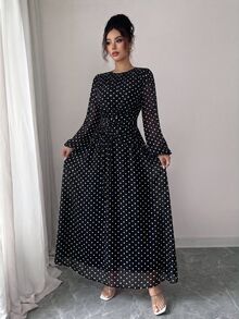 Modelyn 女款秋季雪紡蝴蝶印花抓皺圓領長袖洋裝，黑白波點復古優雅，適合晚餐約會之夜 - 彩色 - 查看 7