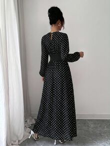 Modelyn 女款秋季雪紡蝴蝶印花抓皺圓領長袖洋裝，黑白波點復古優雅，適合晚餐約會之夜 - 彩色 - 查看 2
