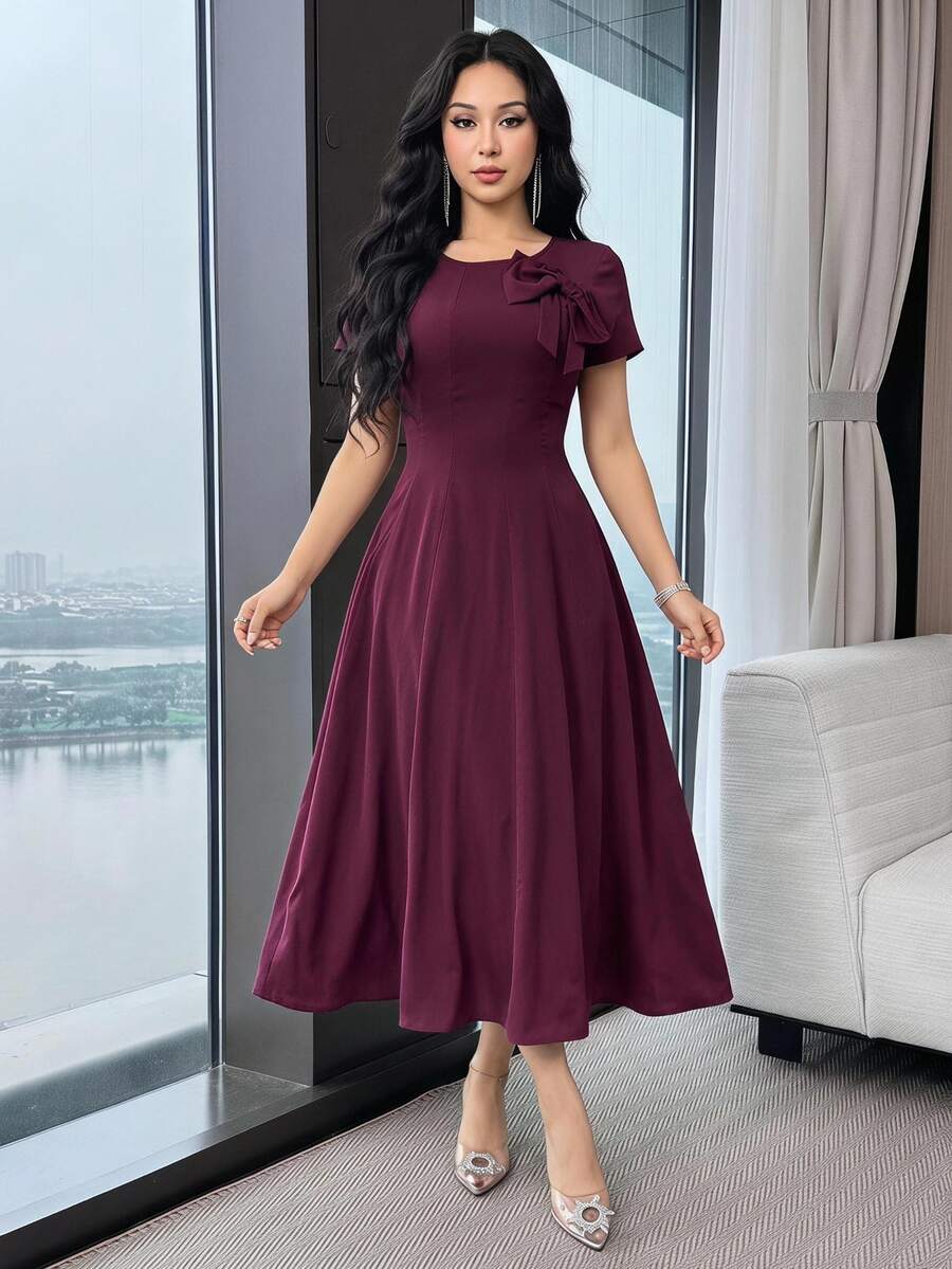 Feyla Vestido midi de unicolor con decoración de lazo, cuello redondo y manga corta para mujer, elegante para boda, Día del Maestro, iglesia, oficina, color burdeos, verano - Morado - Ver 1
