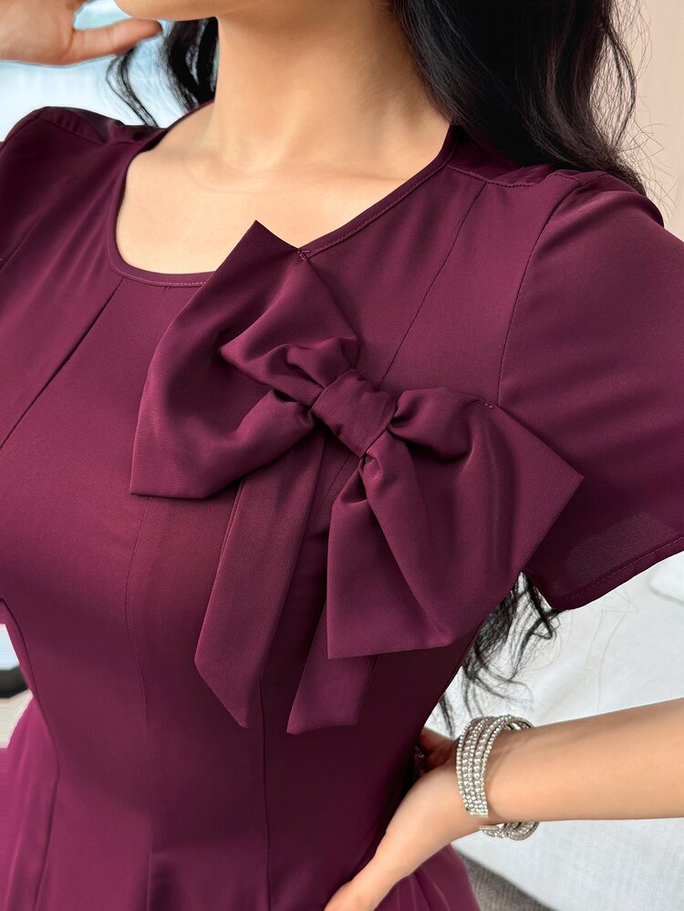 Feyla Women's Solid Color Bow Decor Round Neck Short Sleeve Midi Dress, Elegant Elegant Wedding Teachers' Day Church Office Burgundy Summer - Purple - View 6