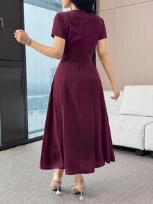 Feyla Vestido midi de unicolor con decoración de lazo, cuello redondo y manga corta para mujer, elegante para boda, Día del Maestro, iglesia, oficina, color burdeos, verano - Morado - Ver 2