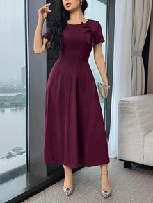 Feyla Vestido midi de unicolor con decoración de lazo, cuello redondo y manga corta para mujer, elegante para boda, Día del Maestro, iglesia, oficina, color burdeos, verano - Morado - Ver 5