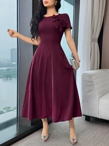 Feyla Vestido midi de unicolor con decoración de lazo, cuello redondo y manga corta para mujer, elegante para boda, Día del Maestro, iglesia, oficina, color burdeos, verano - Morado - Ver 4