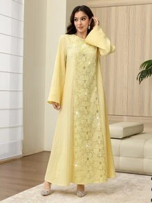 Yasmyna Sequin 3D Floral Decor Round Neck Bell Sleeve Elegant Arabian Dress - Yellow - View 5