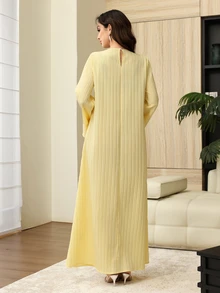Yasmyna Sequin 3D Floral Decor Round Neck Bell Sleeve Elegant Arabian Dress - Yellow - View 2
