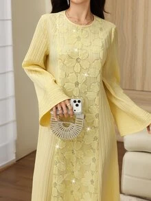 Yasmyna Sequin 3D Floral Decor Round Neck Bell Sleeve Elegant Arabian Dress - Yellow - View 6