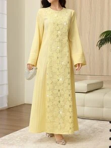 Yasmyna Sequin 3D Floral Decor Round Neck Bell Sleeve Elegant Arabian Dress - Yellow - View 4