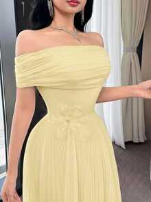 Feyla Women's Elegant Solid Color Off Shoulder Dress With 3D Floral Decor And Pleated Hem, Summer - Pale Yellow - View 5