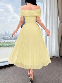 Feyla Women's Elegant Solid Color Off Shoulder Dress With 3D Floral Decor And Pleated Hem, Summer - Pale Yellow - View 6
