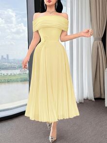 Feyla Women's Elegant Solid Color Off Shoulder Dress With 3D Floral Decor And Pleated Hem, Summer - Pale Yellow - View 4