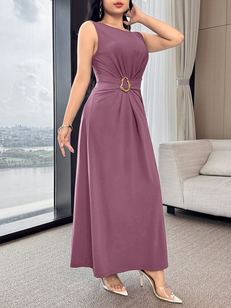 Feyla Waist Ruched, Metal Decor Button, Cinched Waist, Elegant & Versatile Party/Work Wear Dress - Pink - View 6