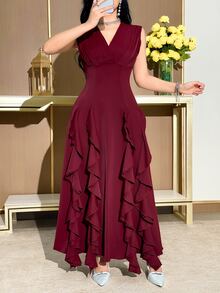 Feyla Women's Elegant Mature Party Formal Dinner Solid Color Ruffle Hem Dress Wedding Burgundy Summer - Burgundy - View 3