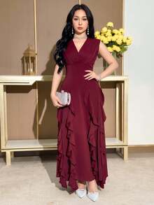 Feyla Women's Elegant Mature Party Formal Dinner Solid Color Ruffle Hem Dress Wedding Burgundy Summer - Burgundy - View 1