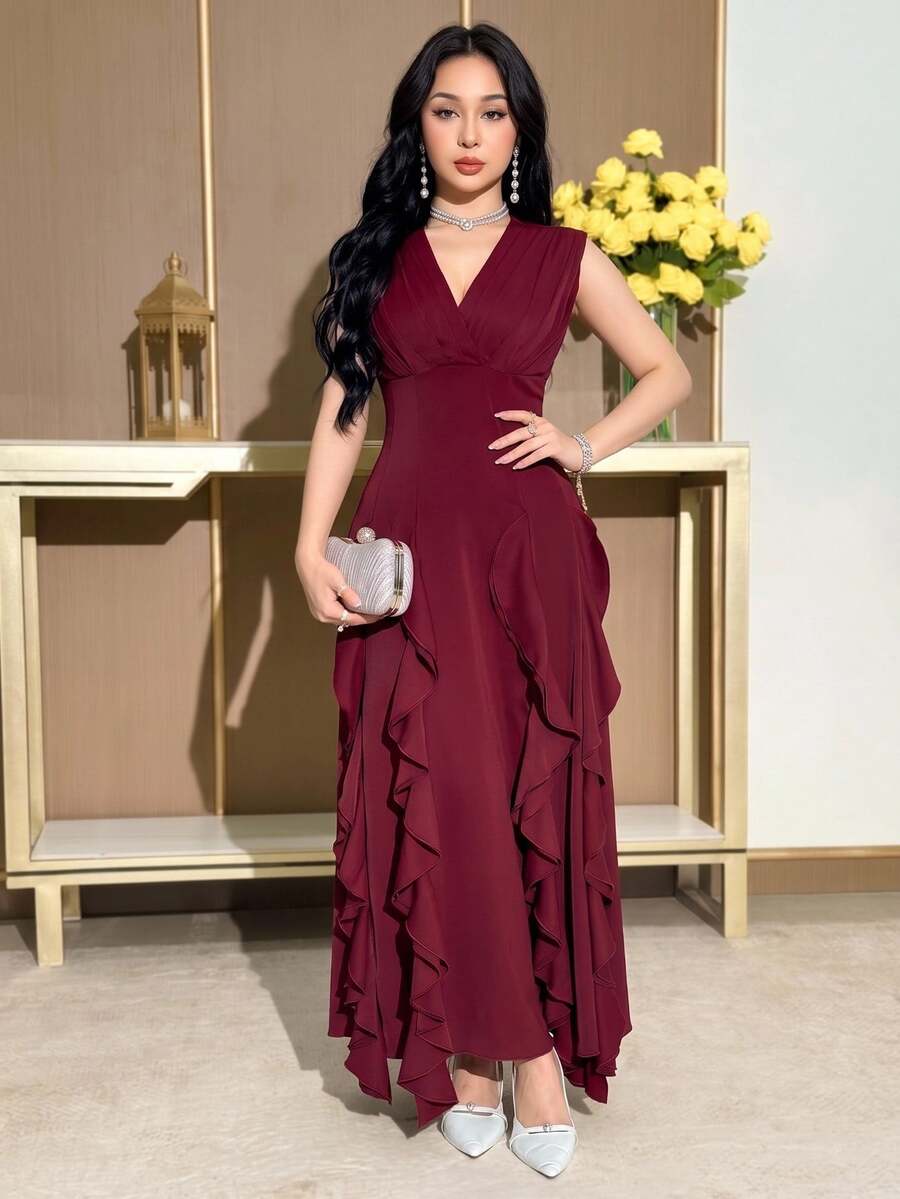 Feyla Women's Elegant Mature Party Formal Dinner Solid Color Ruffle Hem Dress Wedding Burgundy Summer - Burgundy - View 1
