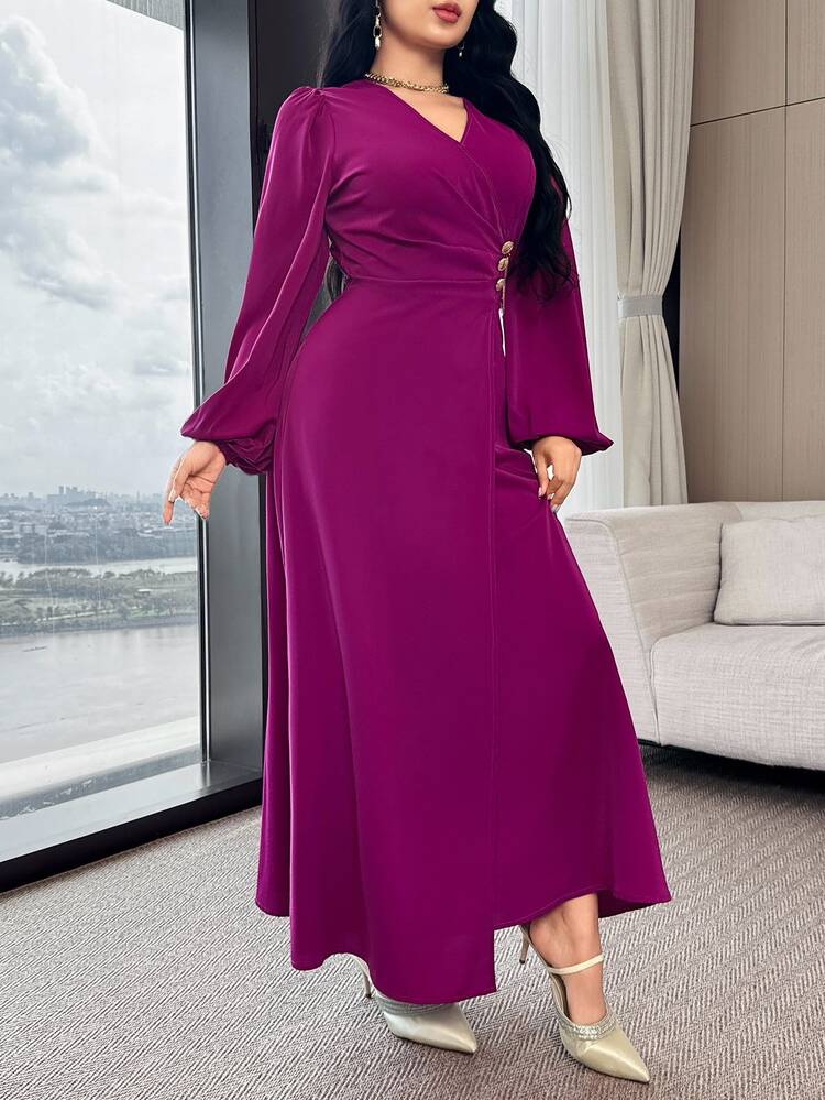 Feyla Women's Elegant Purple Maxi Dress Long Sleeve V-Neck Wrap Design And Flared Hem For Evening Occasions - Red Violet - View 4