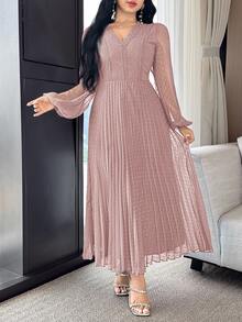 Feyla Women's Contrast Lace V-Neck Mesh Lantern Sleeve Pleated Hem Elegant Mid-Length Dress - Dusty Pink - View 4