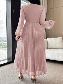 Feyla Women's Contrast Lace V-Neck Mesh Lantern Sleeve Pleated Hem Elegant Mid-Length Dress - Dusty Pink - View 7