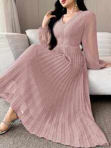 Feyla Women's Contrast Lace V-Neck Mesh Lantern Sleeve Pleated Hem Elegant Mid-Length Dress - Dusty Pink - View 6