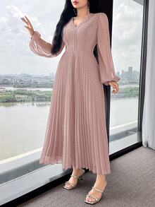 Feyla Women's Contrast Lace V-Neck Mesh Lantern Sleeve Pleated Hem Elegant Mid-Length Dress - Dusty Pink - View 5