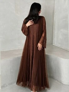 Yasmyna Vintage Coffee Color Lace Double Layer Long Set, Bell Sleeve Cardigan Lace Women's Arabic Long Dress - Coffee Brown - View 6