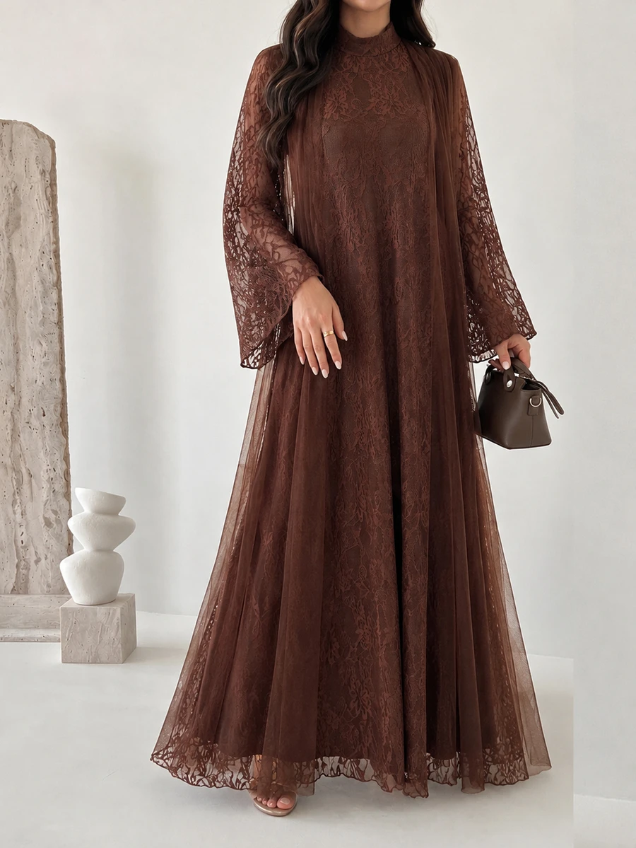 Yasmyna Vintage Coffee Color Lace Double Layer Long Set, Bell Sleeve Cardigan Lace Women's Arabic Long Dress