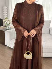 Yasmyna Vintage Coffee Color Lace Double Layer Long Set, Bell Sleeve Cardigan Lace Women's Arabic Long Dress - Coffee Brown - View 7
