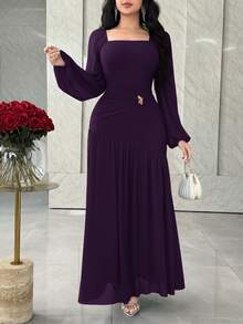 Feyla Women's Elegant Solid Color Dress For Commuting Dinner Cocktail Wedding Dark Purple Autumn - Purple - View 5