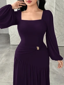 Feyla Women's Elegant Solid Color Dress For Commuting Dinner Cocktail Wedding Dark Purple Autumn - Purple - View 7