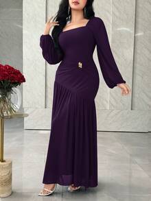 Feyla Women's Elegant Solid Color Dress For Commuting Dinner Cocktail Wedding Dark Purple Autumn - Purple - View 4