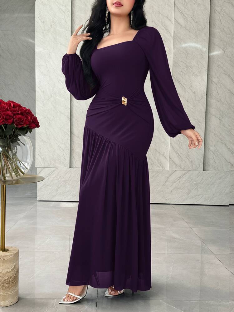 Feyla Women's Elegant Solid Color Dress For Commuting Dinner Cocktail Wedding Dark Purple Autumn - Purple - View 3