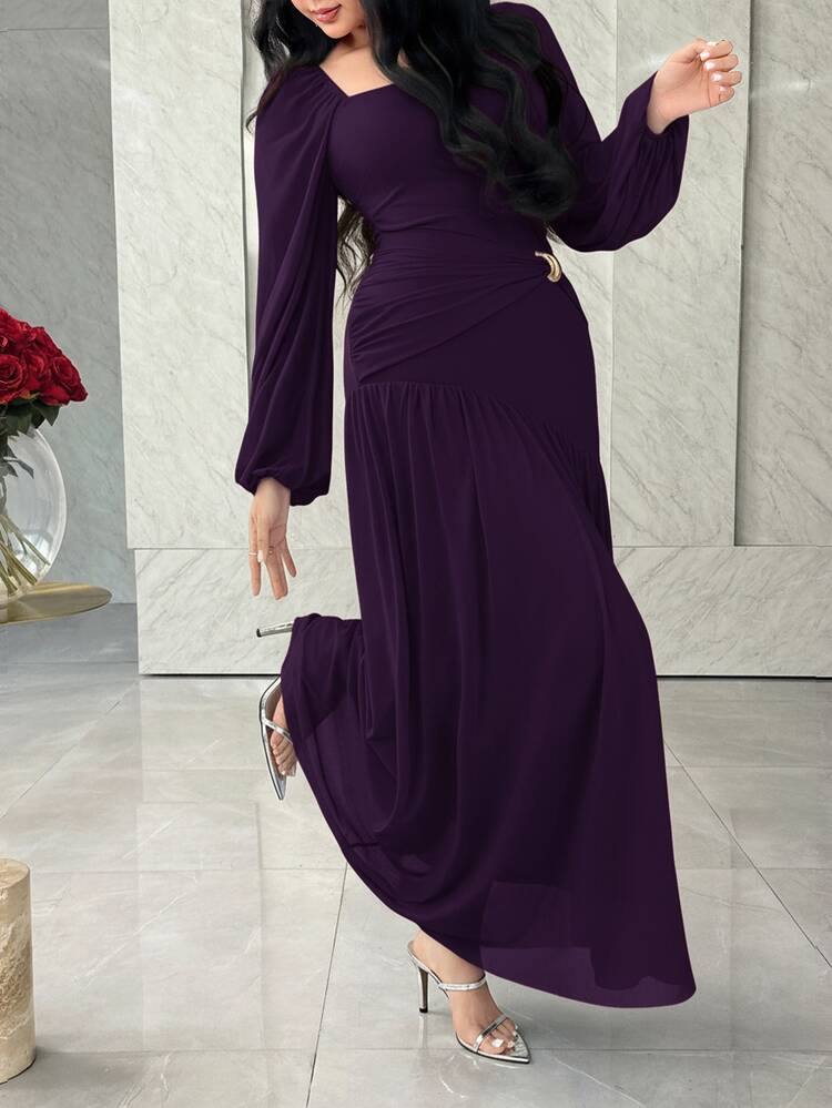 Feyla Women's Elegant Solid Color Dress For Commuting Dinner Cocktail Wedding Dark Purple Autumn - Purple - View 5