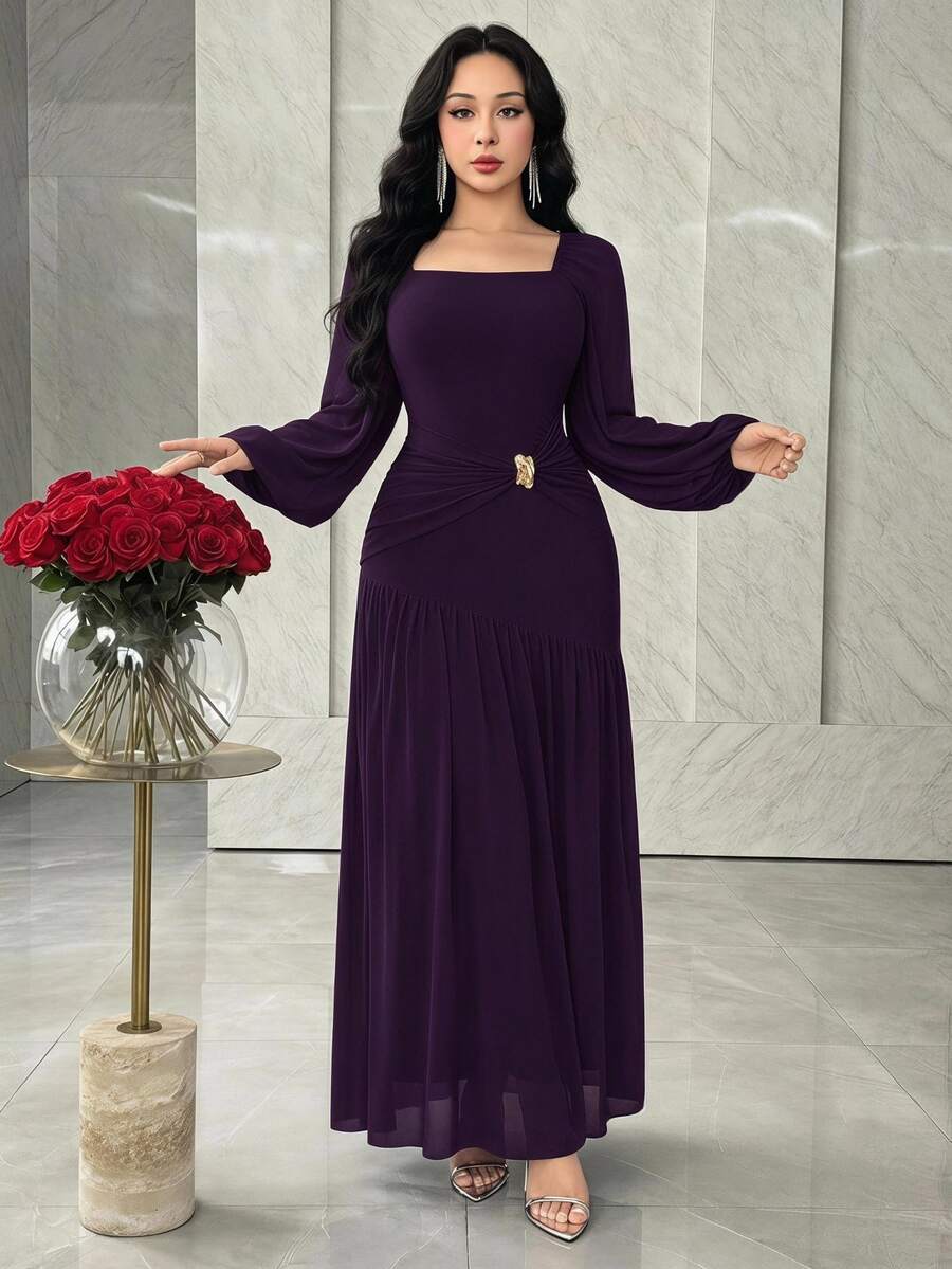 Feyla Women's Elegant Solid Color Dress For Commuting Dinner Cocktail Wedding Dark Purple Autumn
