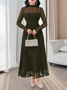 Feyla 女款優雅蕾絲長袖A字洋裝 橄欖綠 適合晚餐、酒吧、派對、秋季 - 橄欖綠 - 查看 6